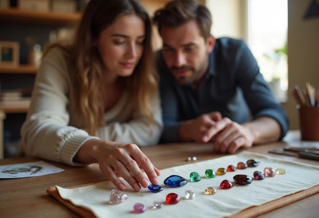 coupla choisissant une gemme de couleur pour une bague