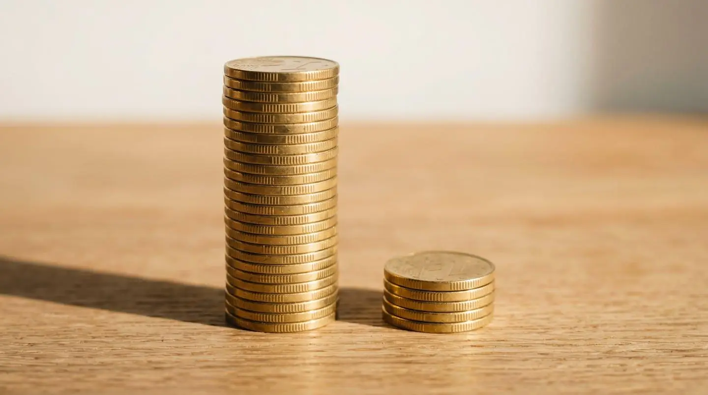 Deux piles de pièces dorées sur une table en bois : une grande pile représentant les économies et une petite pile pour les honoraires.