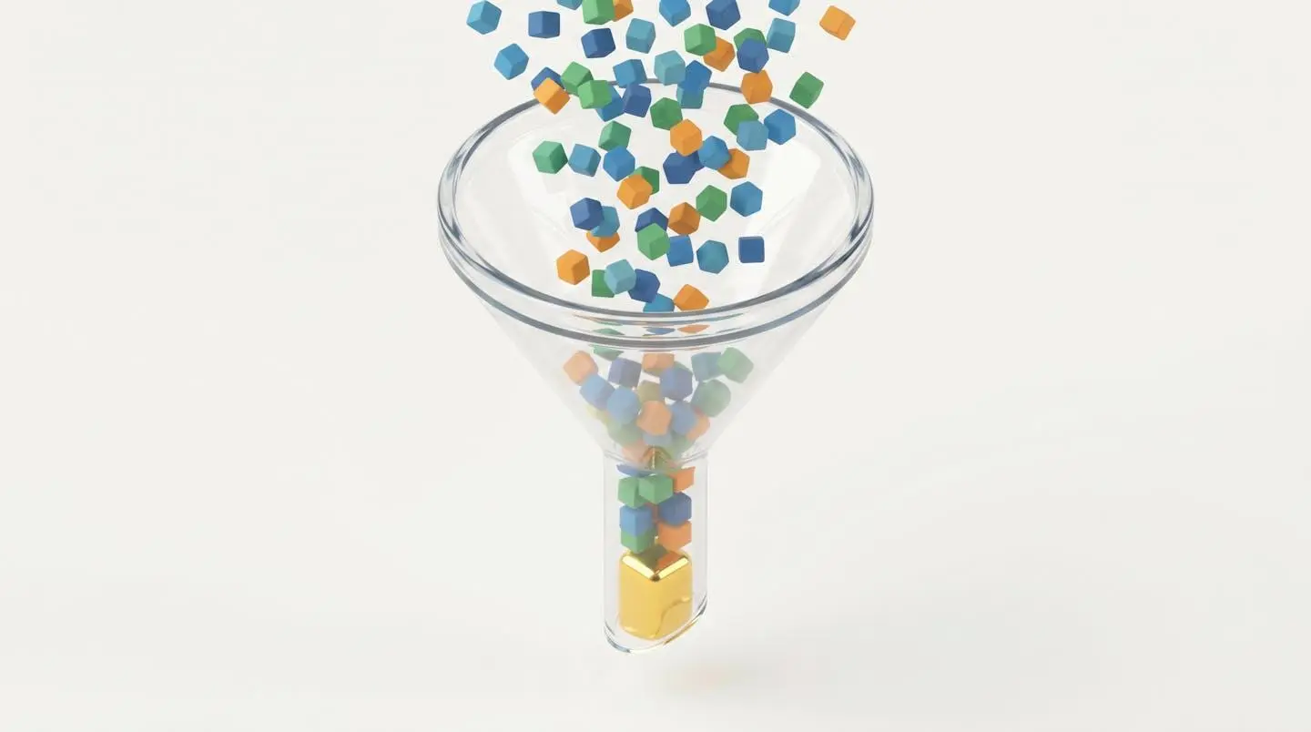 Un entonnoir isométrique en verre avec des cubes multicolores tombant dedans et une pièce dorée en sortant, symbolisant la sélection de la meilleure offre.