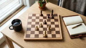 Un plateau d'échecs en bois clair avec des pièces en laiton, à côté d'une tasse de café et d'un carnet, symbolisant la stratégie de négociation.