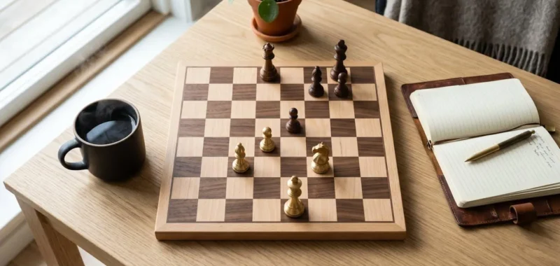 Un plateau d'échecs en bois clair avec des pièces en laiton, à côté d'une tasse de café et d'un carnet, symbolisant la stratégie de négociation.