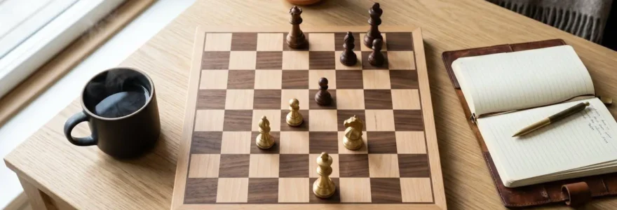 Un plateau d'échecs en bois clair avec des pièces en laiton, à côté d'une tasse de café et d'un carnet, symbolisant la stratégie de négociation.