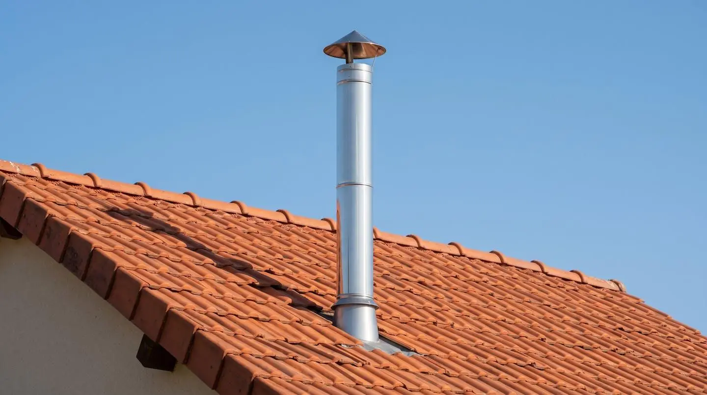 Conduit de fumée en inox double paroi dépassant de 40 cm au-dessus du faîtage d'une toiture en tuiles avec chapeau anti-pluie