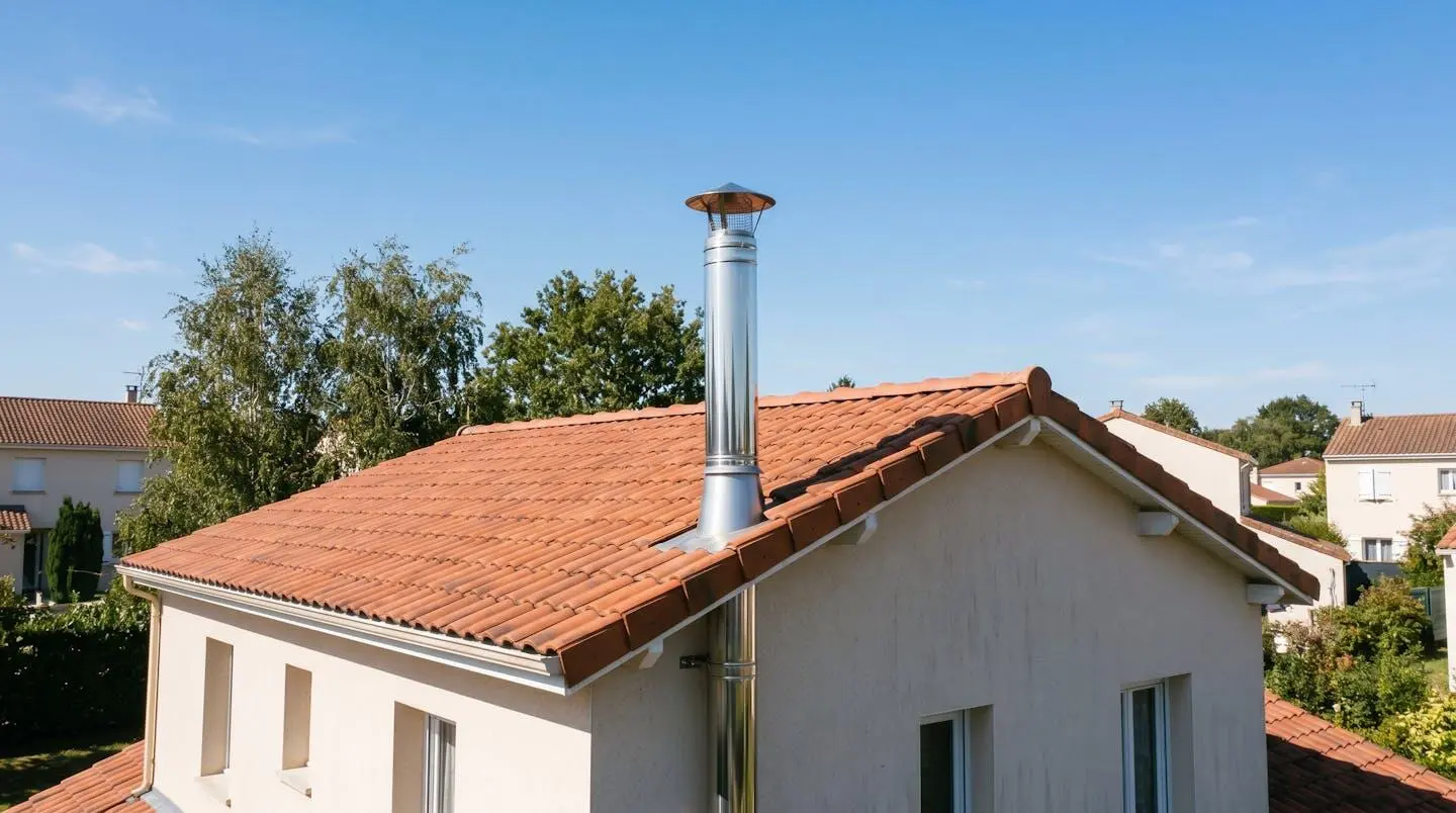 Conduit de fumée en inox double paroi dépassant de 40 cm au-dessus du faîtage d'une toiture en tuiles avec chapeau anti-pluie