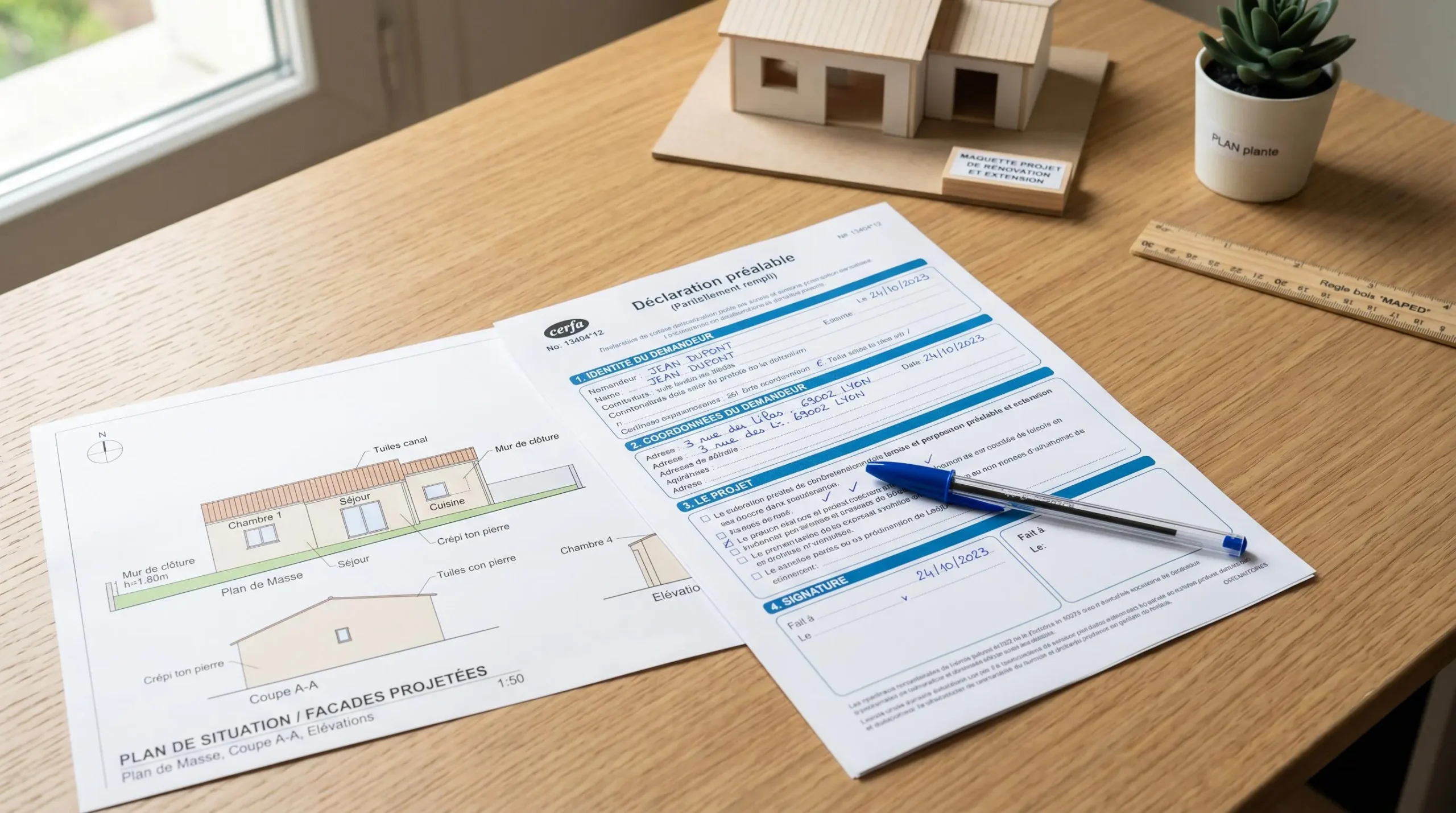 Formulaire Cerfa de déclaration préalable de travaux avec plan de maison et stylo sur un bureau, préparation administrative installation poêle