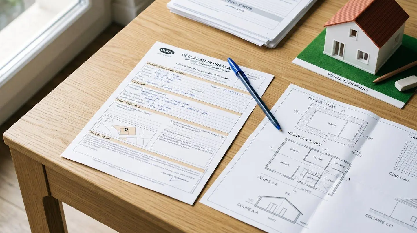 Formulaire Cerfa de déclaration préalable de travaux avec plan de maison et stylo sur un bureau, préparation administrative installation poêle