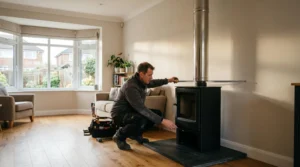 Installateur professionnel raccordant un poêle à bois avec conduit inox dans un salon résidentiel, vérifiant les distances de sécurité avec un mètre