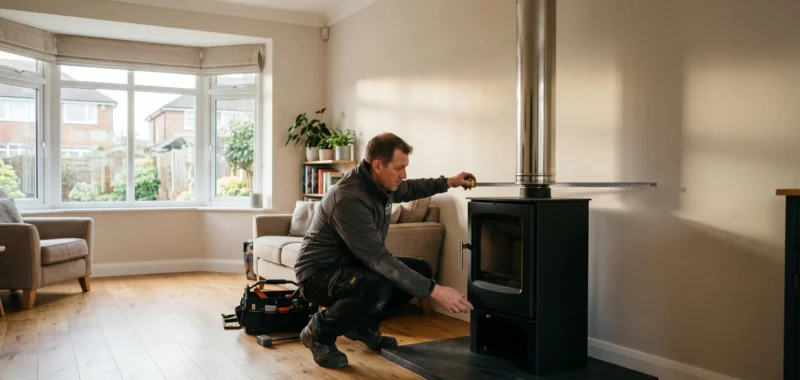 Installateur professionnel raccordant un poêle à bois avec conduit inox dans un salon résidentiel, vérifiant les distances de sécurité avec un mètre