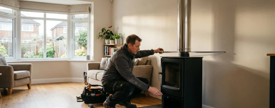 Installateur professionnel raccordant un poêle à bois avec conduit inox dans un salon résidentiel, vérifiant les distances de sécurité avec un mètre