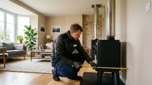 Installateur professionnel raccordant un poêle à bois avec conduit inox dans un salon résidentiel, vérifiant les distances de sécurité avec un mètre