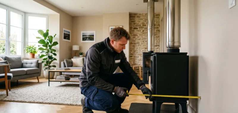 Installateur professionnel raccordant un poêle à bois avec conduit inox dans un salon résidentiel, vérifiant les distances de sécurité avec un mètre
