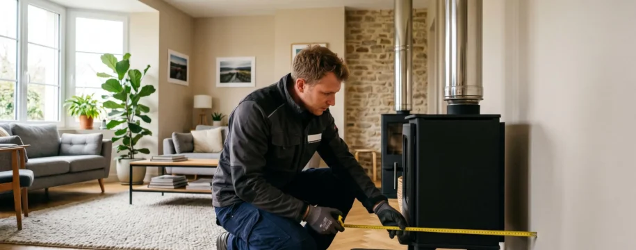 Installateur professionnel raccordant un poêle à bois avec conduit inox dans un salon résidentiel, vérifiant les distances de sécurité avec un mètre