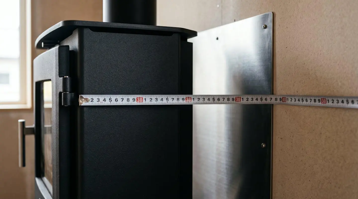 Mètre ruban mesurant une distance de 30 cm entre un poêle à bois et un mur en placoplâtre avec écran thermique métallique