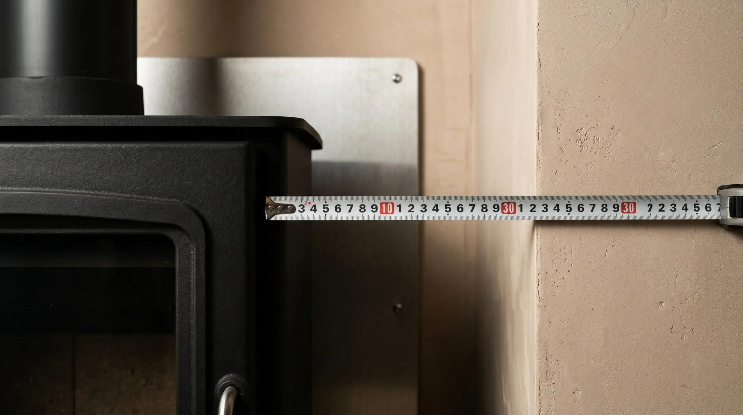 Mètre ruban mesurant une distance de 30 cm entre un poêle à bois et un mur en placoplâtre avec écran thermique métallique