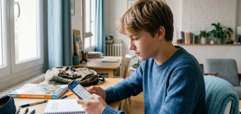 Adolescent consultant son application bancaire sur smartphone dans un environnement familial moderne et lumineux