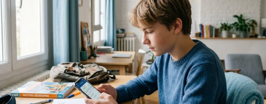 Adolescent consultant son application bancaire sur smartphone dans un environnement familial moderne et lumineux