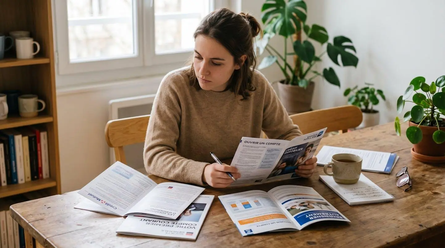 Jeune adulte comparant différentes brochures de livrets bancaires pour faire son choix d'épargne