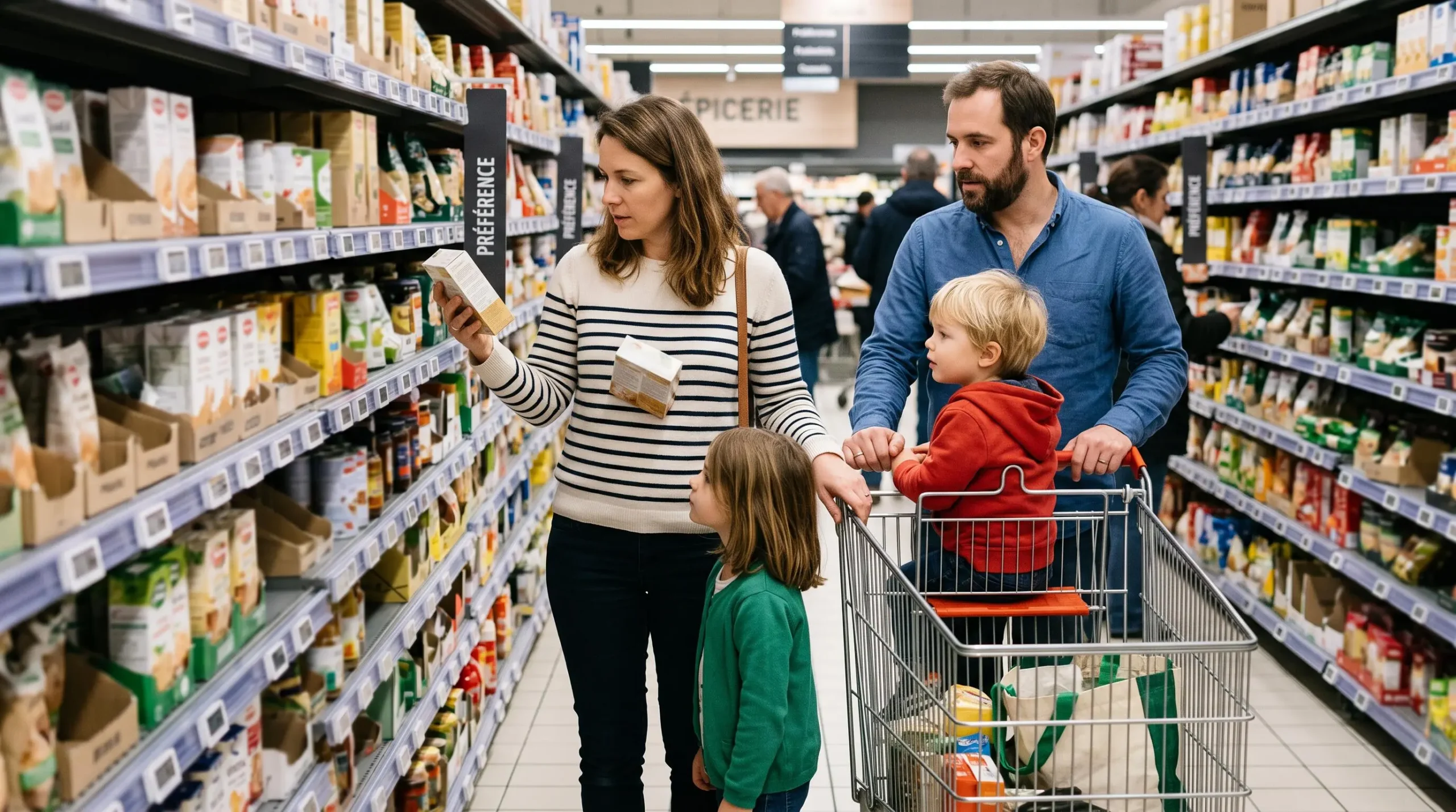 Famille avec enfants faisant les courses au supermarché en comparant les produits