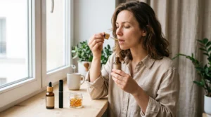 Femme utilisant de l'huile de CBD avec une pipette sublinguale, avec différents formats de produits CBD visibles au premier plan