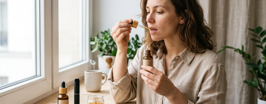 Femme utilisant de l'huile de CBD avec une pipette sublinguale, avec différents formats de produits CBD visibles au premier plan