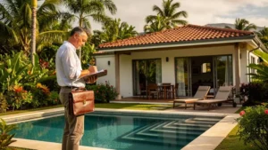 Gestionnaire de conciergerie évaluant une villa de location saisonnière à La Réunion