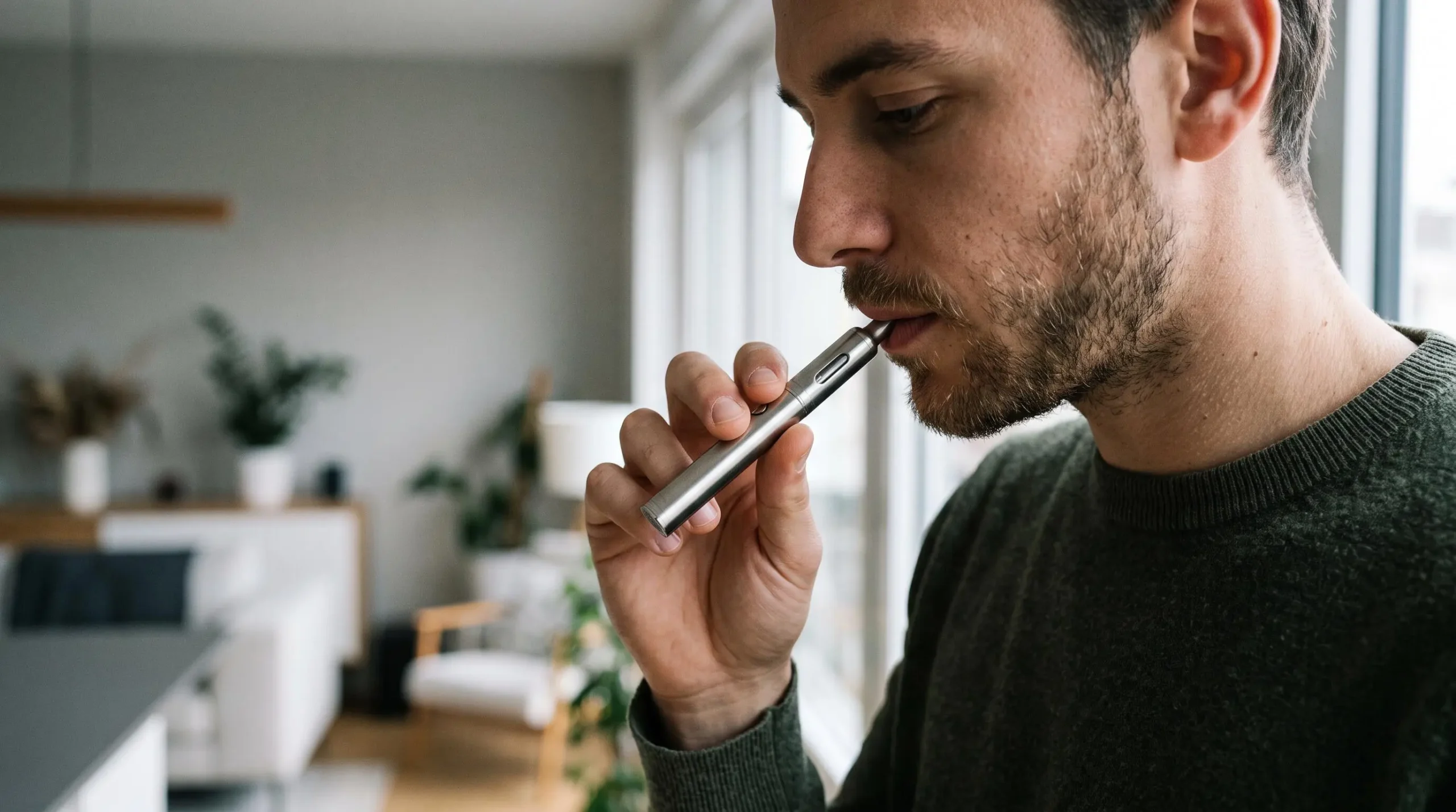Homme tenant un vaporisateur stylo de CBD prêt à l'utilisation en intérieur moderne
