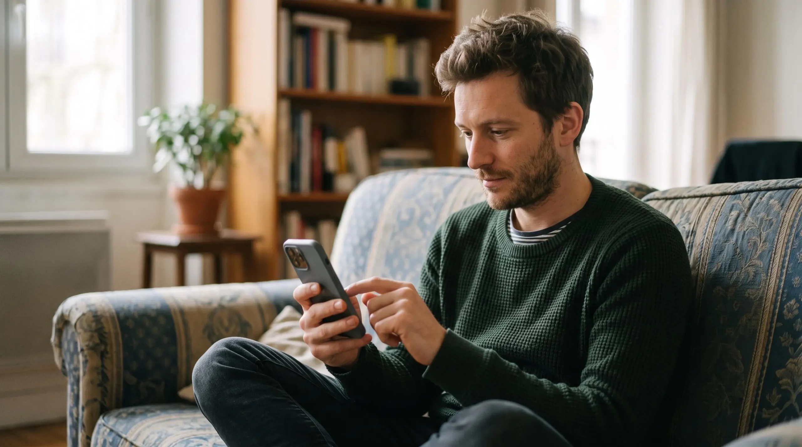 Parent effectuant une opération bancaire sur smartphone depuis son domicile