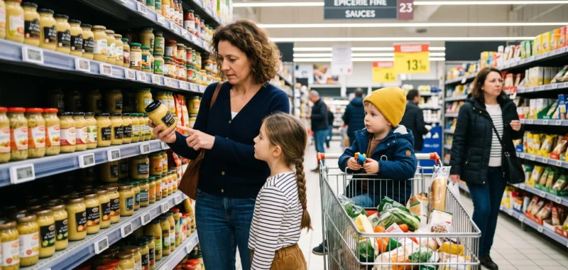 Couple assis à une table de cuisine gérant ensemble leur budget familial avec documents et calculatrice