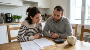 Couple assis à une table de cuisine gérant ensemble leur budget familial avec documents et calculatrice