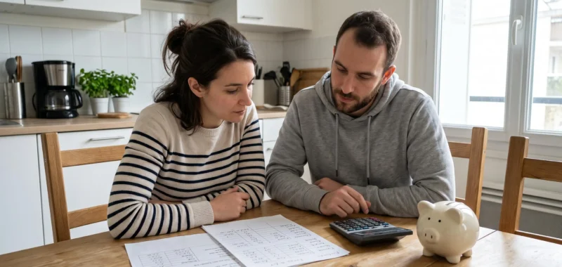 Couple assis à une table de cuisine gérant ensemble leur budget familial avec documents et calculatrice