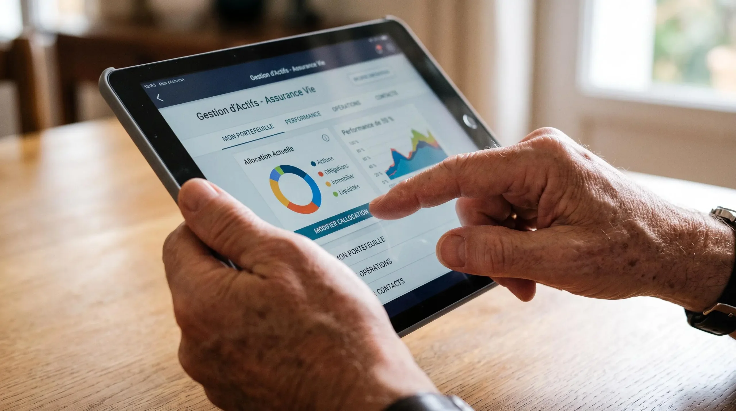 Mains utilisant une application de gestion d'assurance vie sur une tablette numérique
