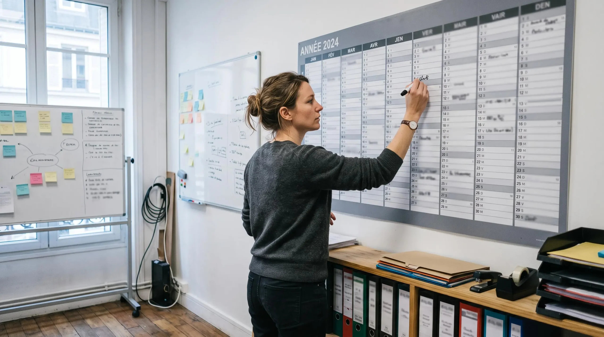 Une collaboratrice note des échéances au marqueur sur un grand calendrier mural de planification dans un bureau.