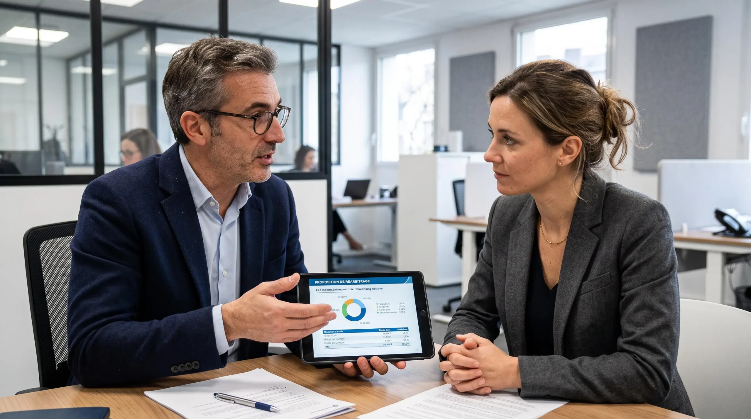 Conseiller financier expliquant les options d'arbitrage d'assurance vie à une cliente dans une agence