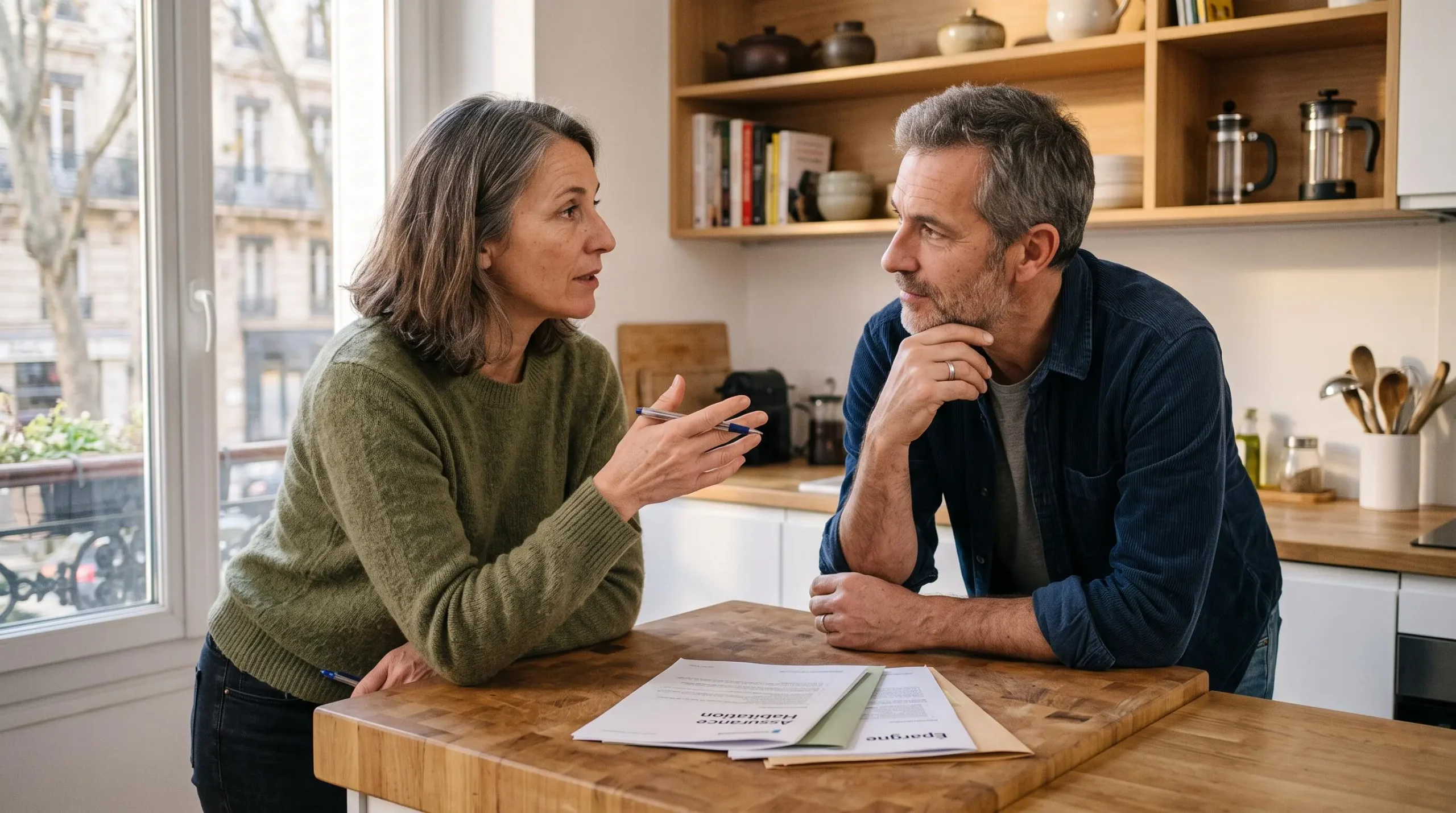 Couple discutant de leur planification financière dans leur cuisine avec quelques documents d'assurance vie
