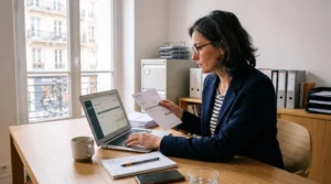 Une dirigeante de petite entreprise émet une facture électronique sur son ordinateur portable dans son bureau, une facture papier à la main.