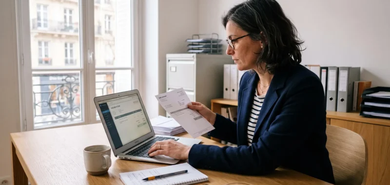 Une dirigeante de petite entreprise émet une facture électronique sur son ordinateur portable dans son bureau, une facture papier à la main.
