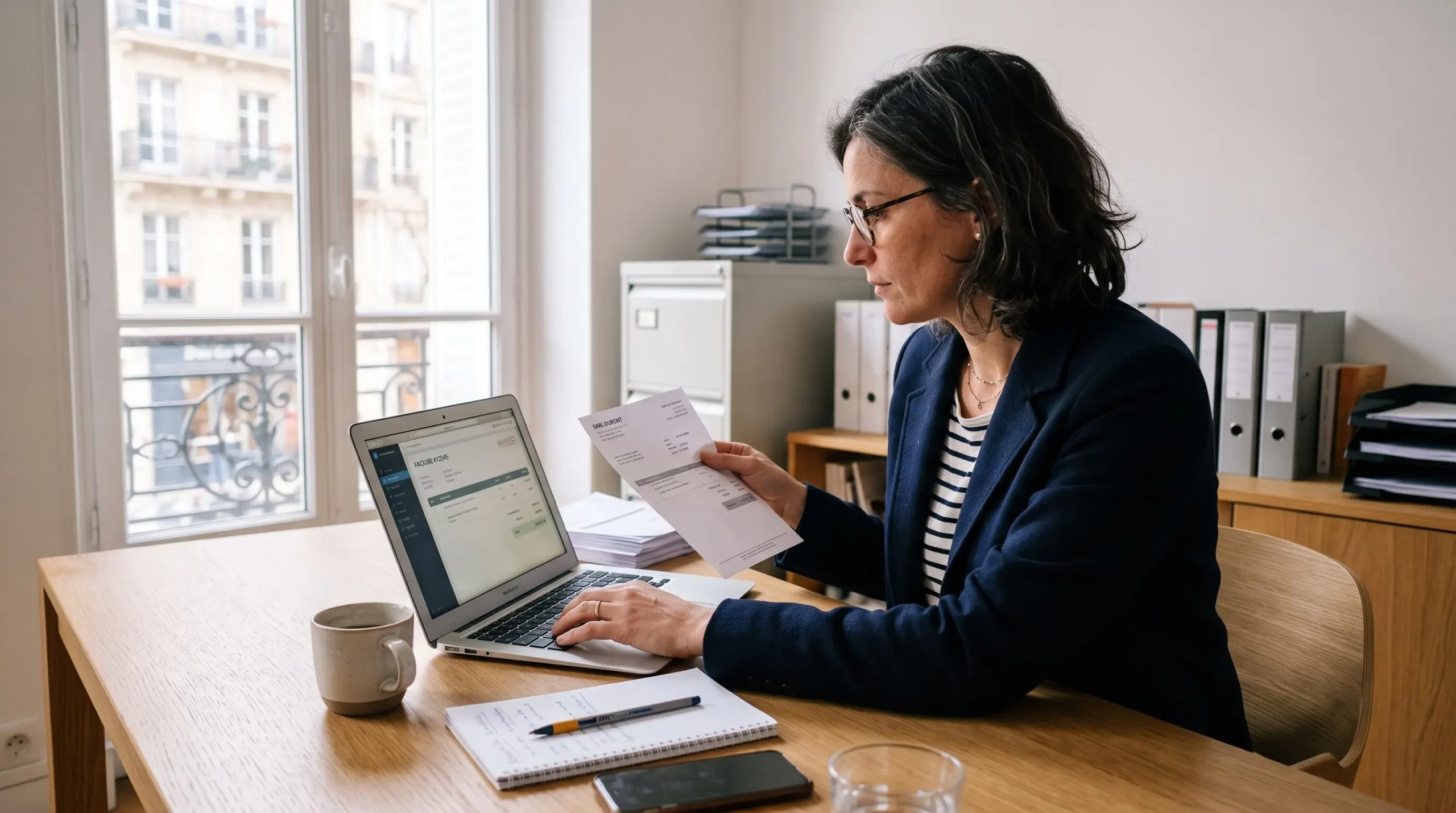 Une dirigeante de petite entreprise émet une facture électronique sur son ordinateur portable dans son bureau, une facture papier à la main.