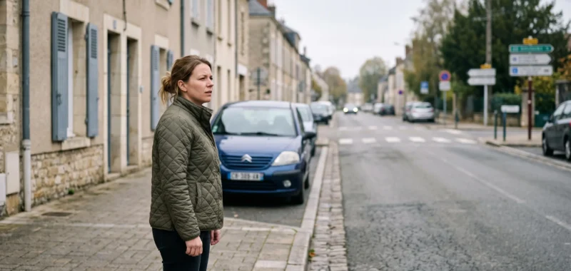 Une femme adulte se tient sur un trottoir en regardant au loin des panneaux routiers flous, avec des objets proches nets au premier plan.