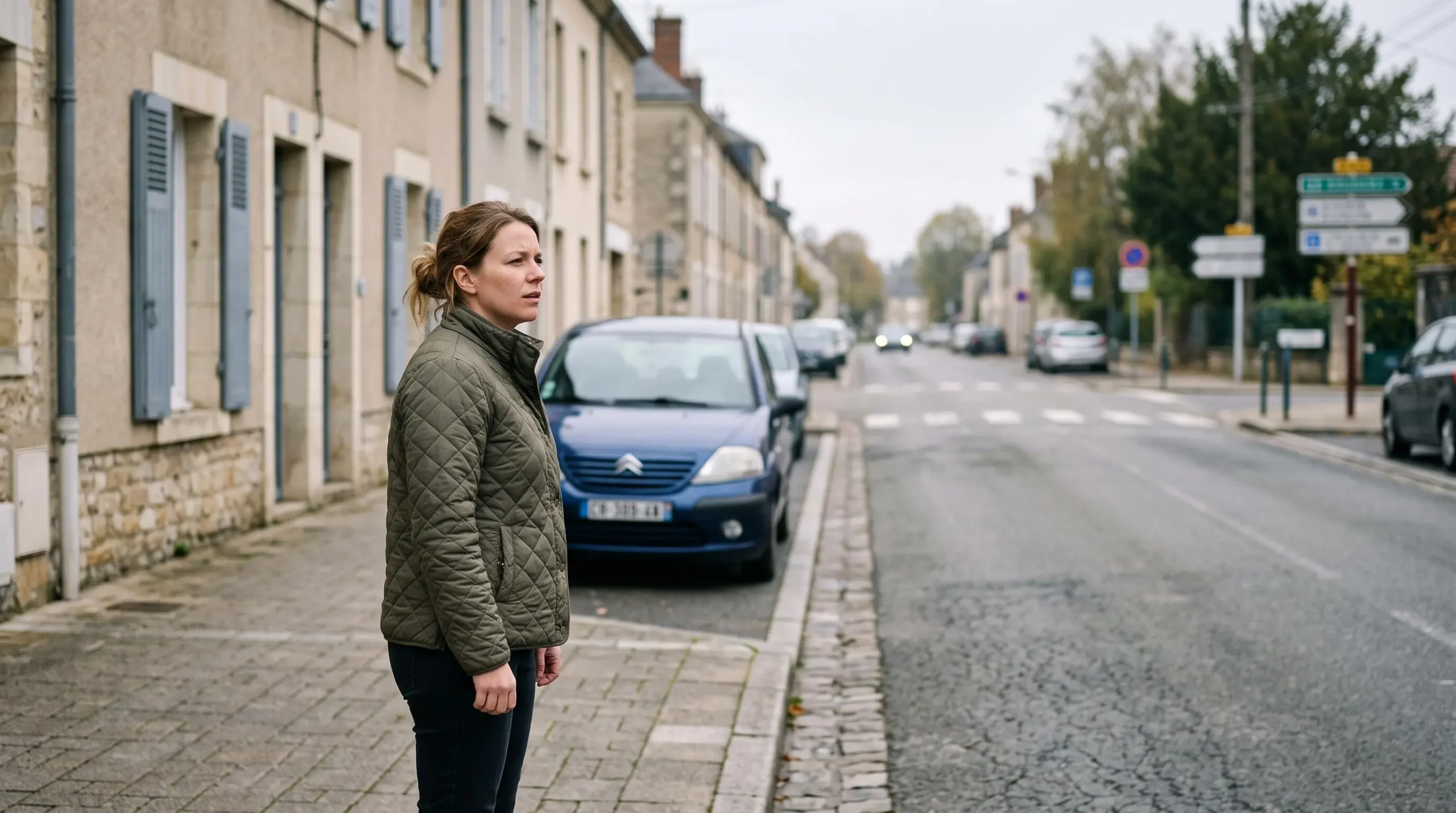 Une femme adulte se tient sur un trottoir en regardant au loin des panneaux routiers flous, avec des objets proches nets au premier plan.