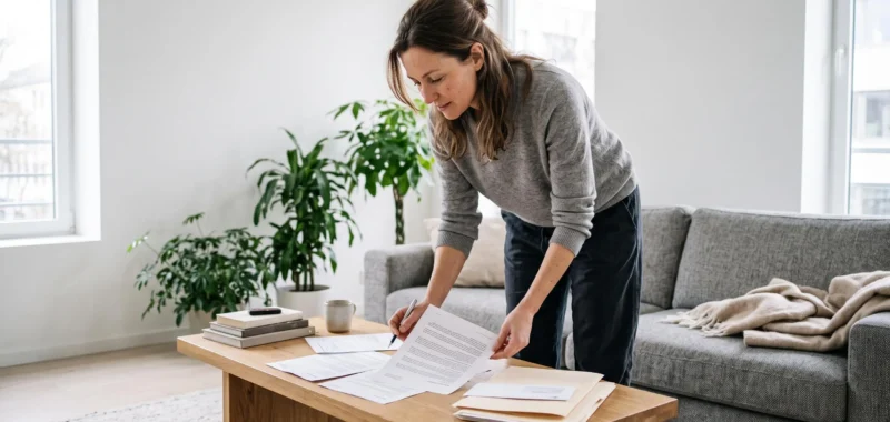 Femme debout dans son salon révisant des documents d'assurance vie étalés sur une table basse