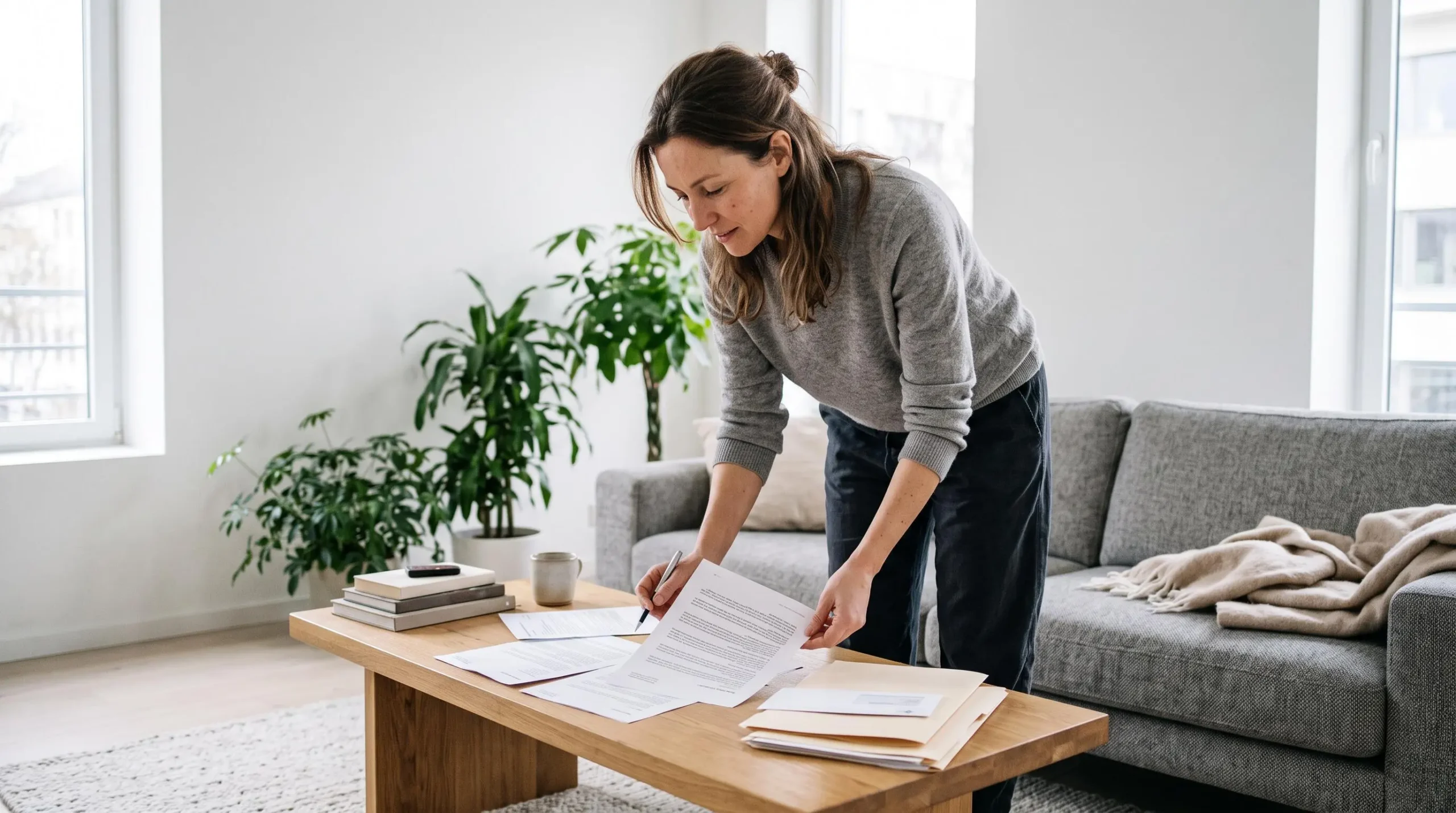 Femme debout dans son salon révisant des documents d'assurance vie étalés sur une table basse