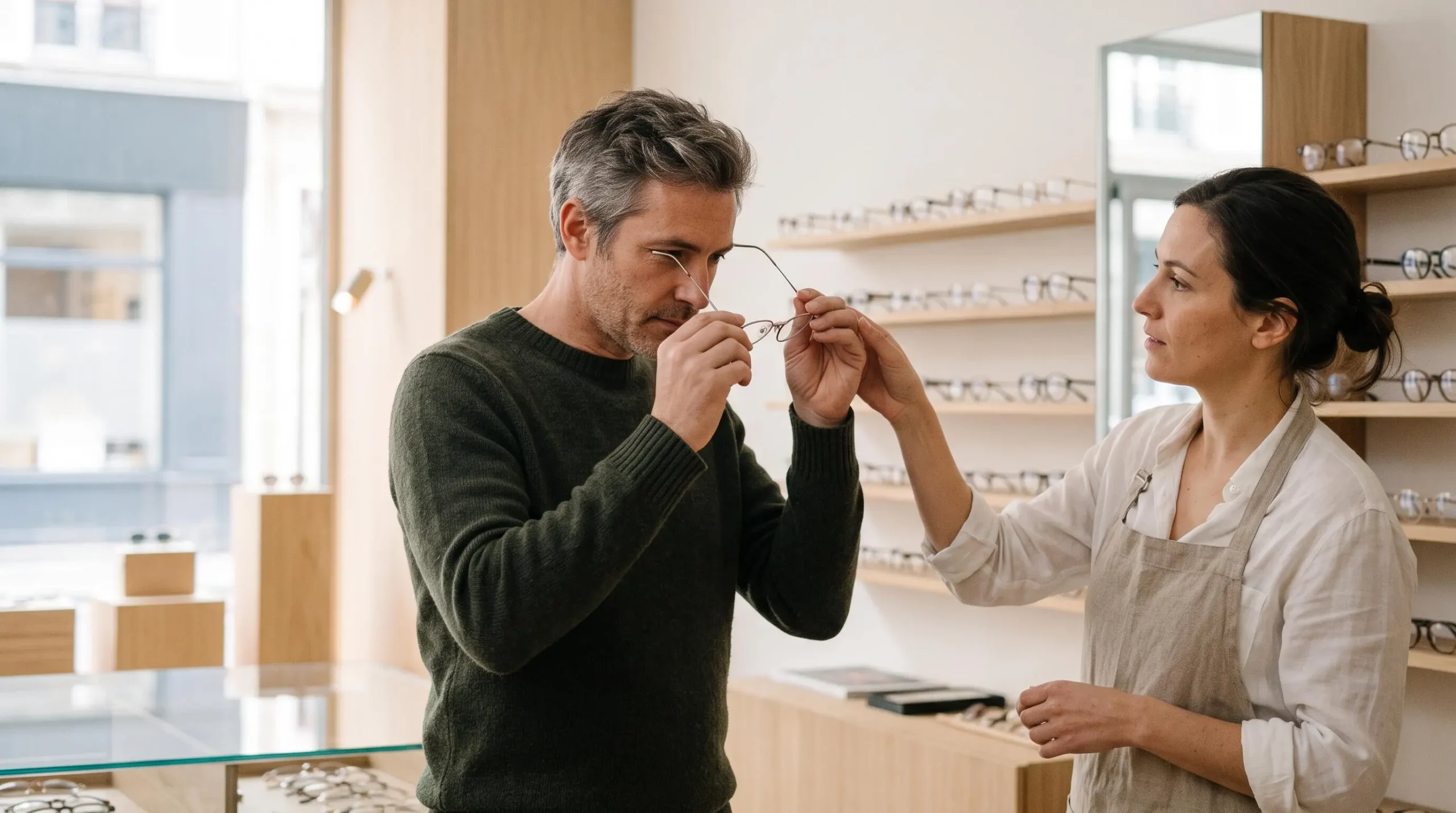 Un homme adulte essaie des lunettes présentées par un opticien dans une boutique d'optique lumineuse.