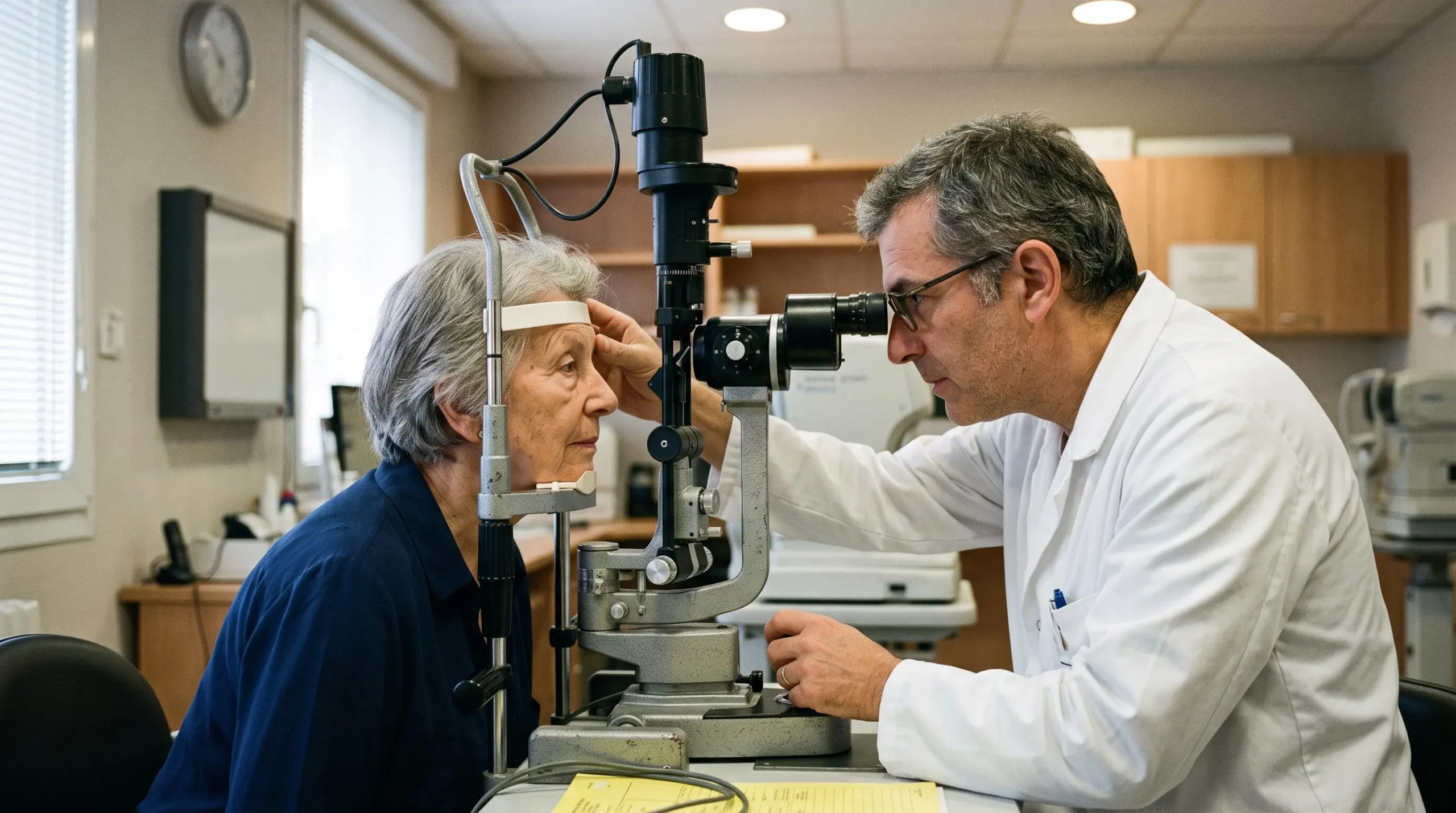 Un ophtalmologiste examine la rétine d'un patient adulte à l'aide d'une lampe à fente dans un cabinet médical.