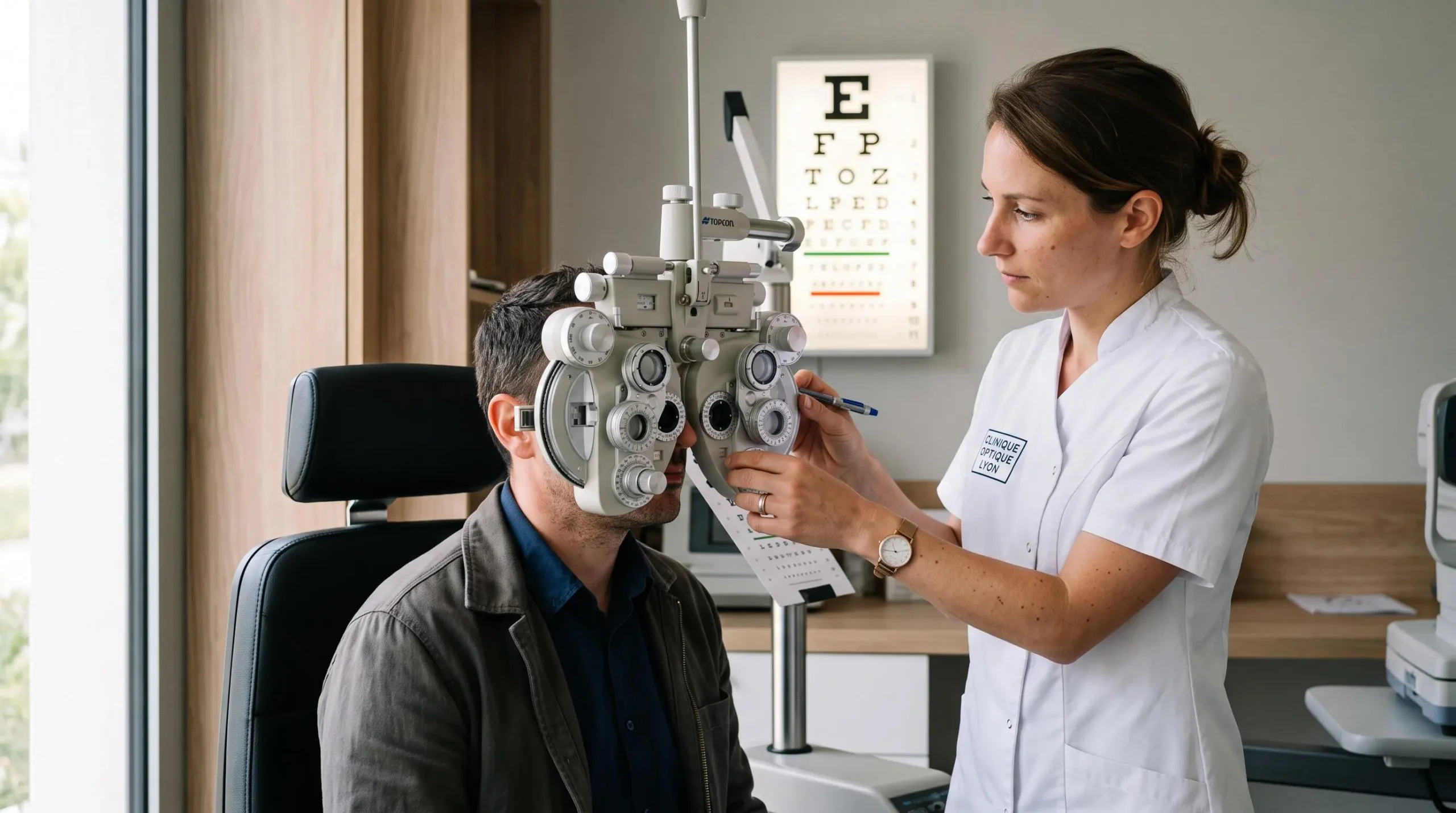 Une optométriste réalise un test de réfraction sur un patient adulte à l'aide d'un réfracteur dans une salle d'examen.
