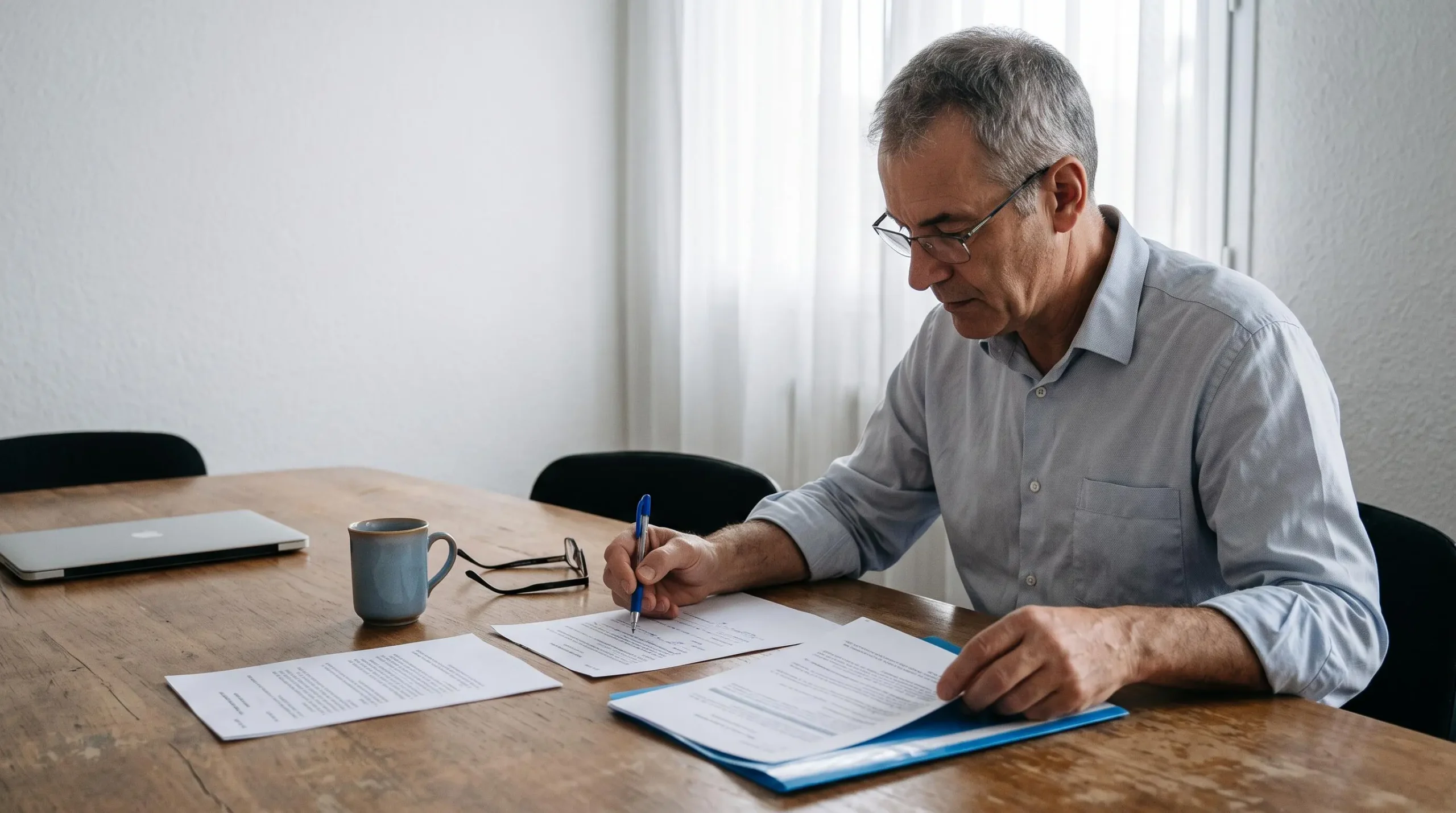 Un responsable financier compare et annote plusieurs offres imprimées de Plateformes Agréées posées sur une table de réunion.