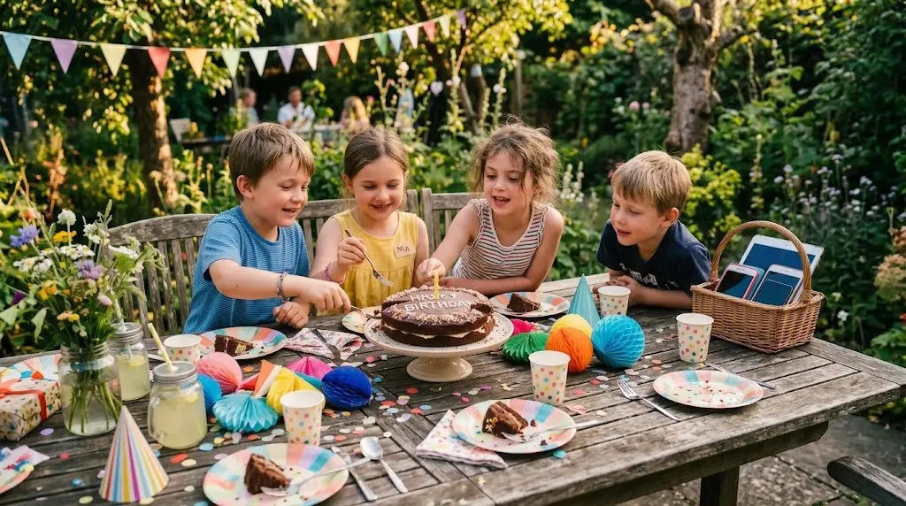 Des enfants partagent le gâteau d'anniversaire autour d'une table décorée dans le jardin.