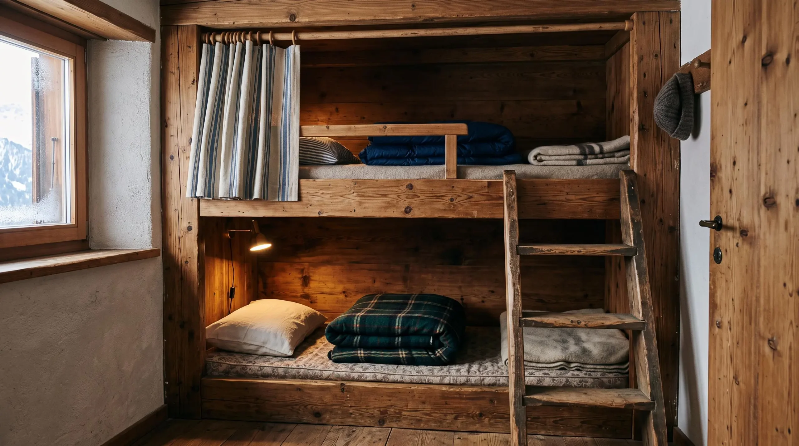 Cabine exiguë avec lits superposés et rideau dans un appartement de station de ski.