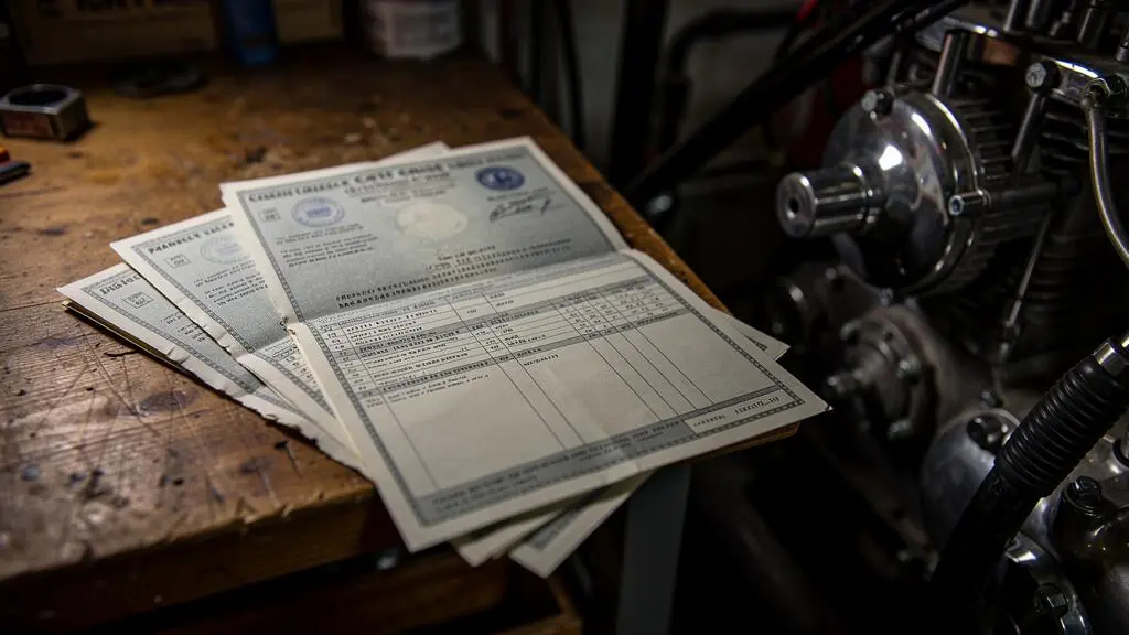 Détail de la carte grise et des documents techniques posés près d'une pièce mécanique.