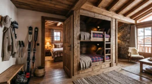 Intérieur de chalet montrant une chambre fermée et un coin nuit avec lits superposés.