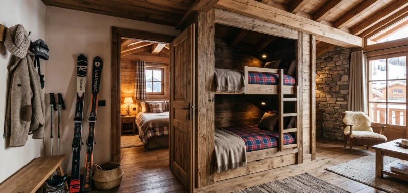 Intérieur de chalet montrant une chambre fermée et un coin nuit avec lits superposés.
